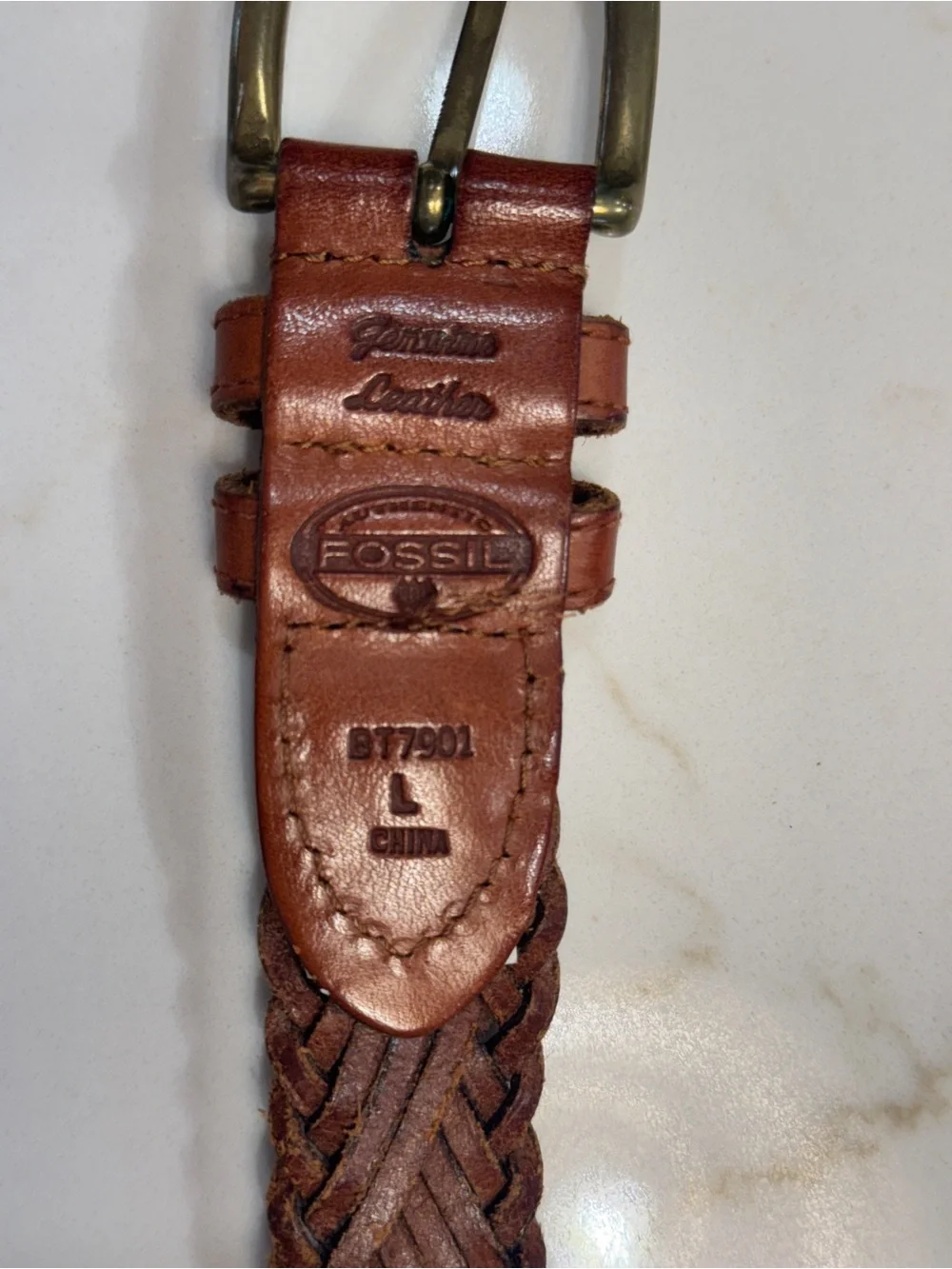 Fossil Braided Leather Belt in Brown with Brass Buckle